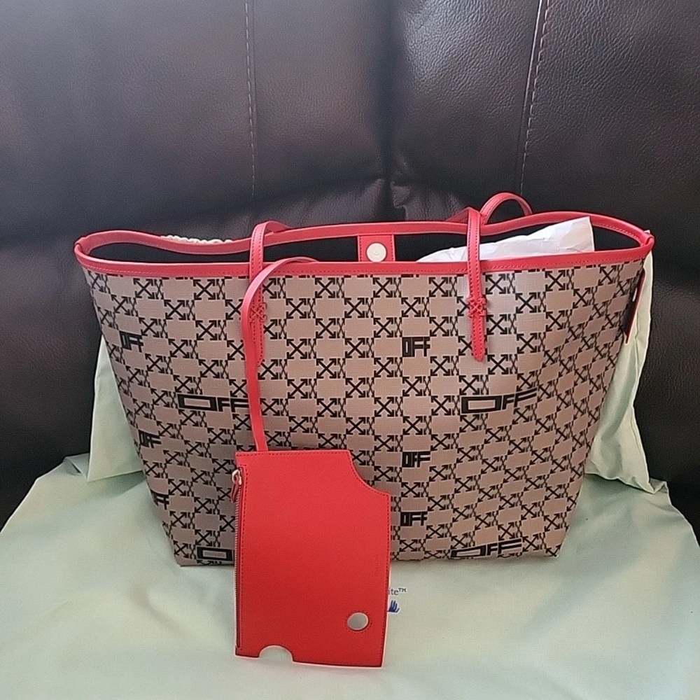 Off-White Brown And Red Patterned Tote - image 1